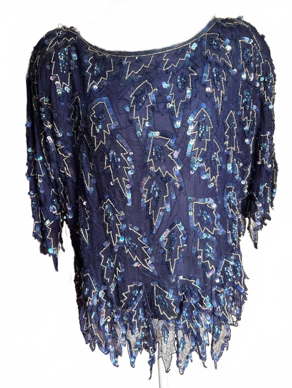 Vintage Scala Navy Silk and Sequin Top 2X